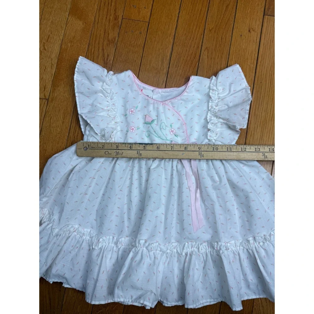 Vintage Toddler Girls White Pink Floral Embroidered Ruffle Dress Size‎ 4T